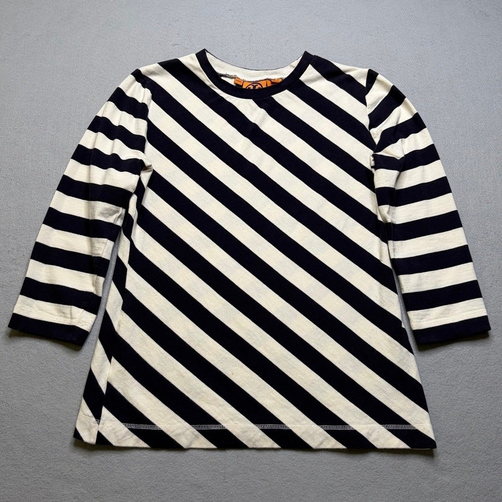 Tory Burch Top Womens M Navy Cream Striped Cotton 3/4 Sleeve Crew Neck‎ Shirt